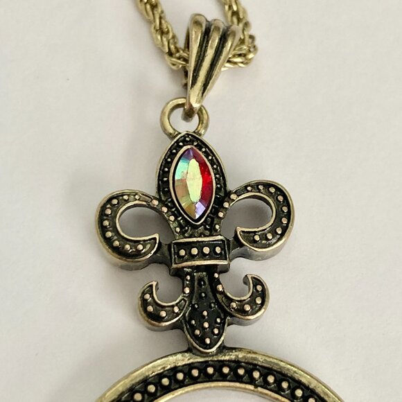 Gold Fleur de Lis Necklace 29" X-Long Magnifying Glass Vintage Plus Size Plated - Picture 9 of 16